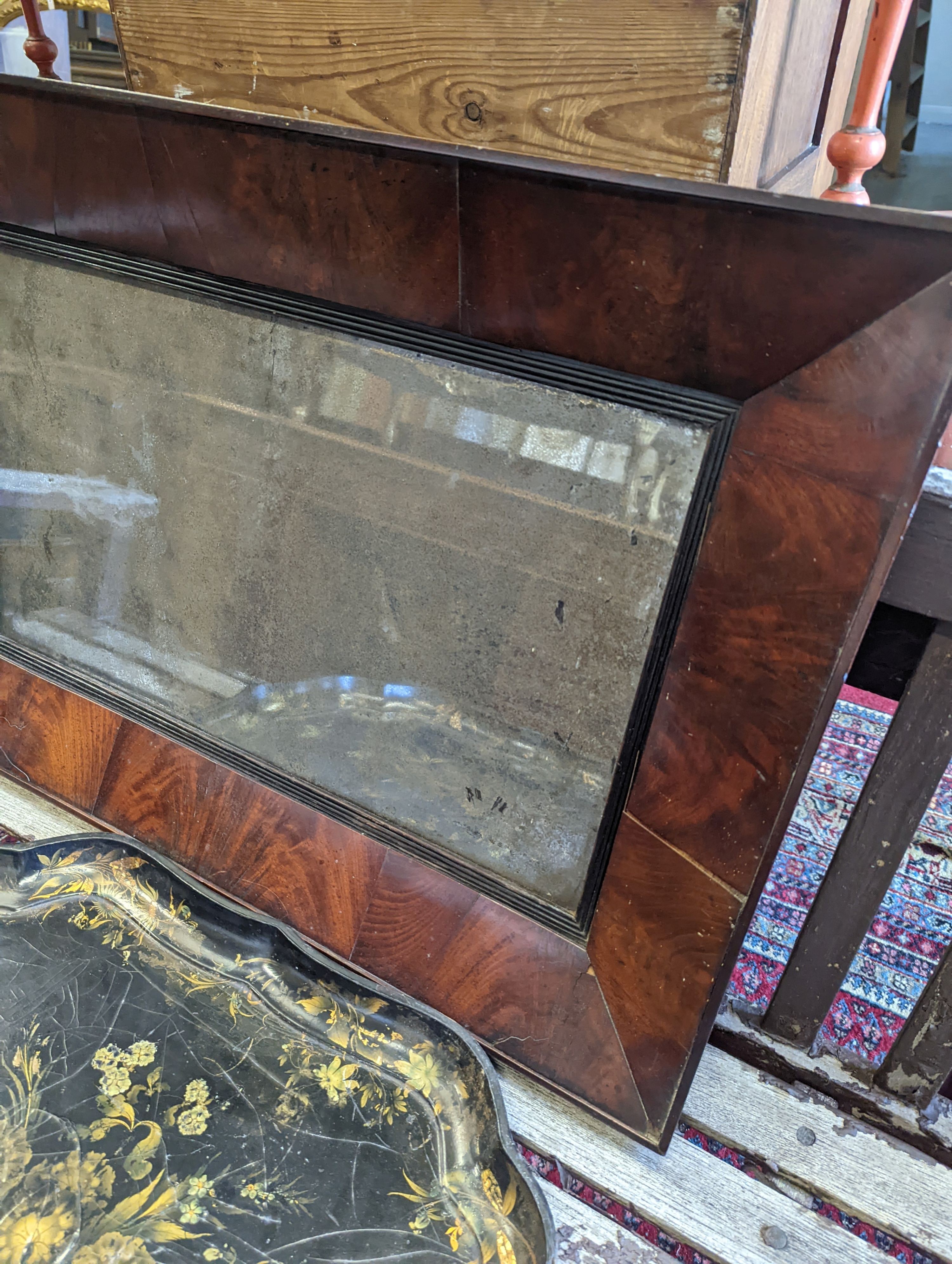 A Victorian papier-mache tray together with a Victorian rectangular mahogany wall mirror, width 82cm, height 57cm